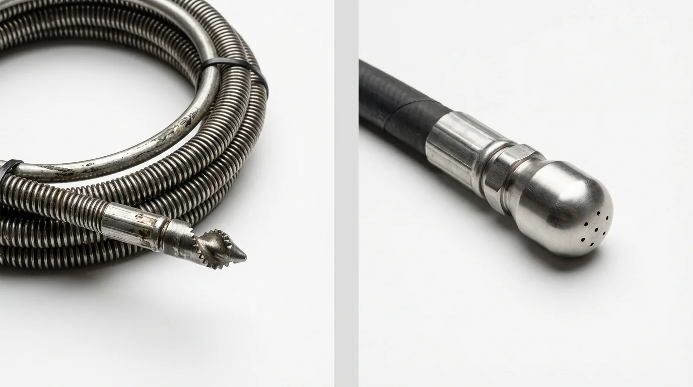 Drain snake cable and hydro jetting nozzle used for drain cleaning in Finley, ND