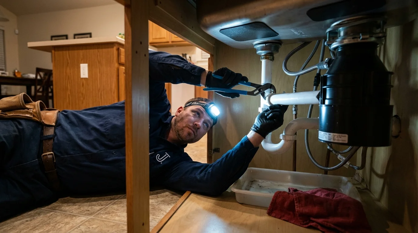 P-trap and supply line connections under a kitchen sink showing a common leak point in Finley, ND
